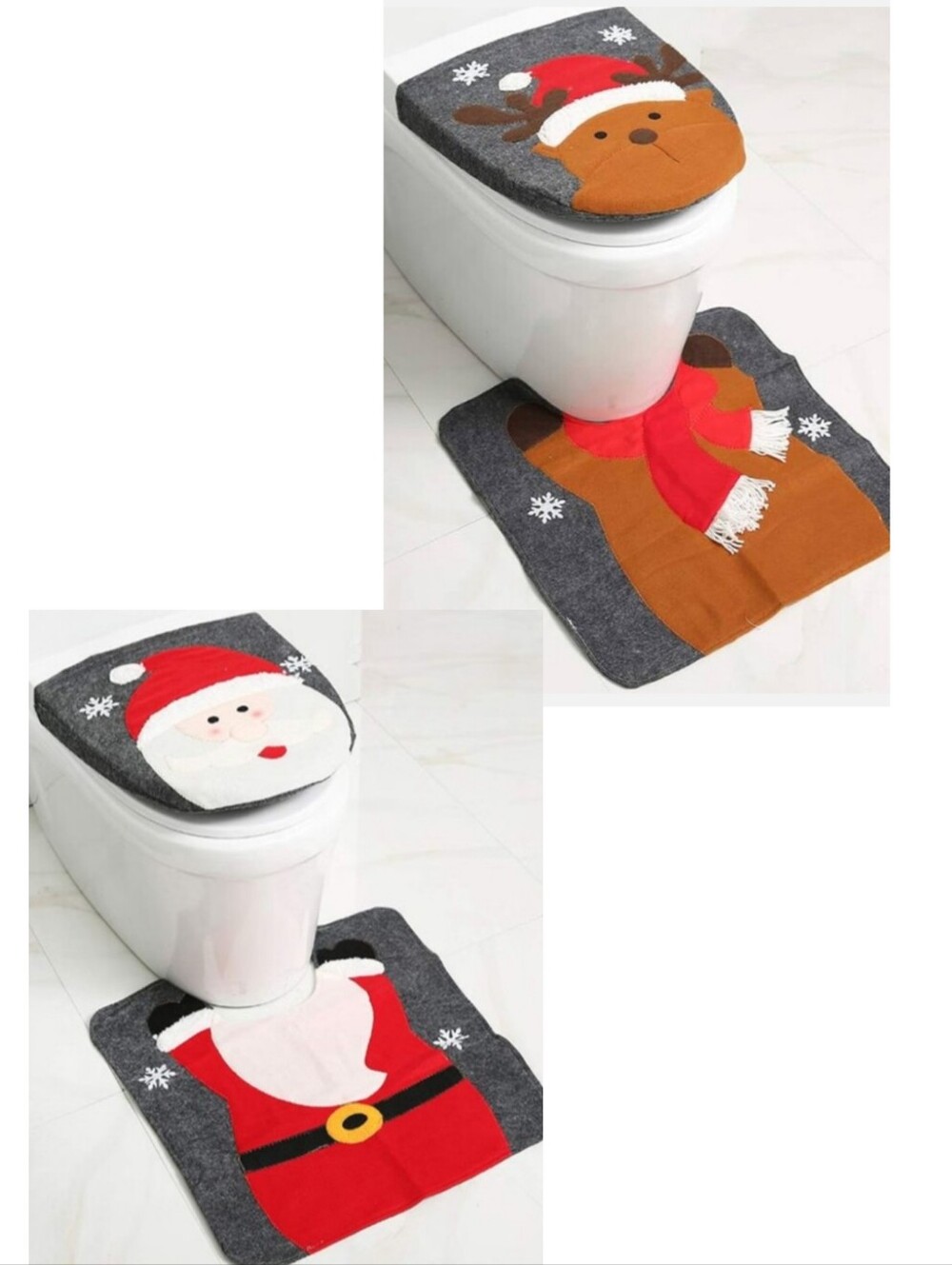 Christmas Reindeer OR Santa Holiday Bathroom Decorations Toilet Cover Rug Set